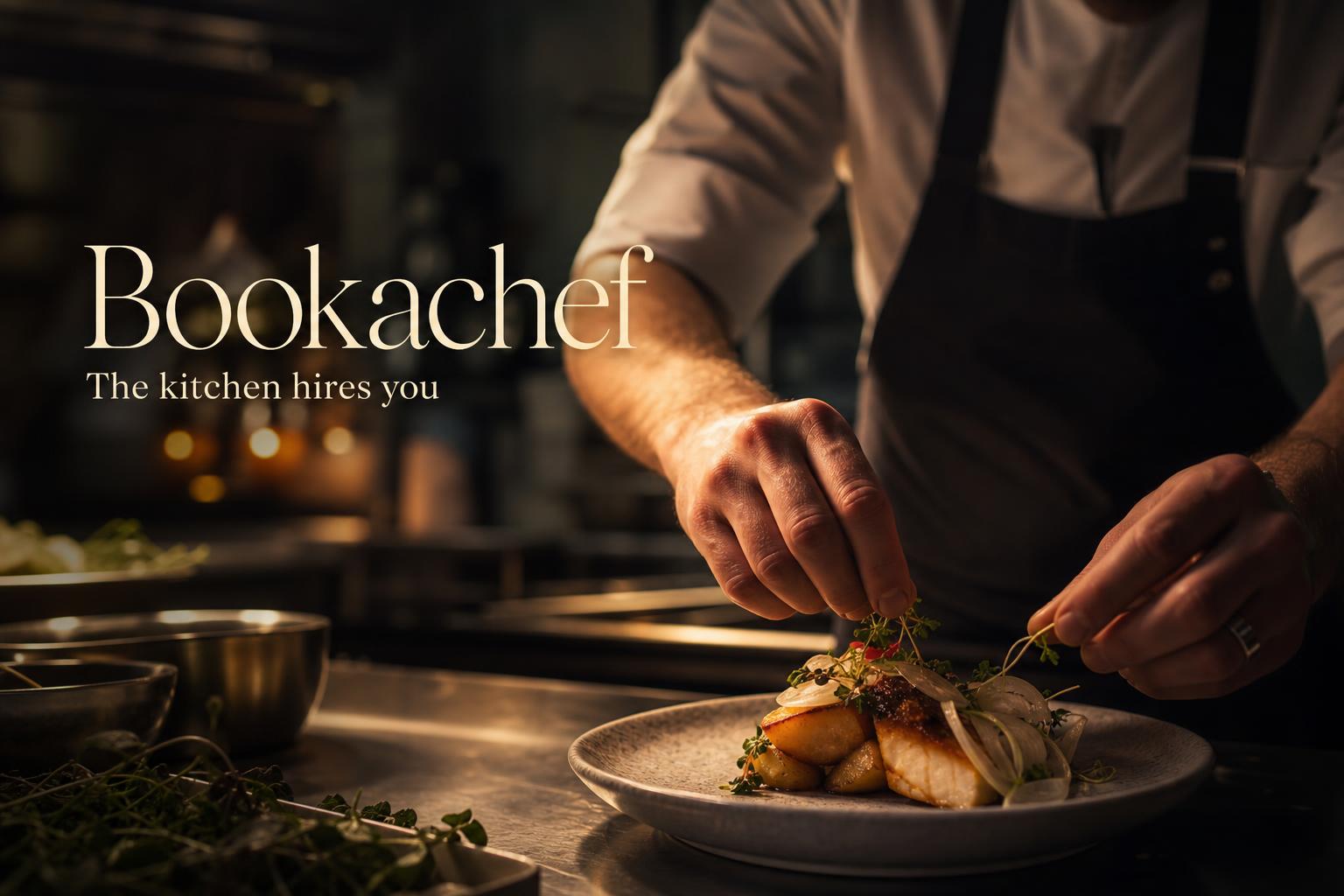 Bookachef — The kitchen hires you. A chef plating a refined dish in a warm restaurant kitchen.